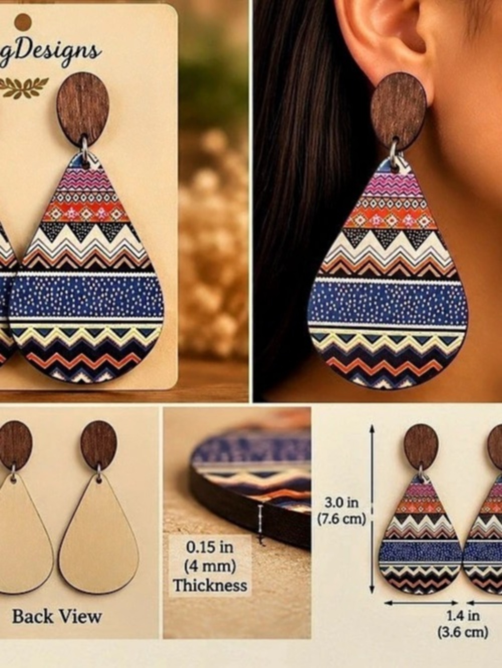 LaingDesigns Boho Geometric Statement Earrings Blue & Multicolor